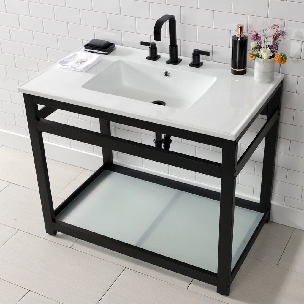 Quadras 37-Inch Ceramic Console Sink with Steel Base and Glass Shelf (8-Inch, 3-Hole)