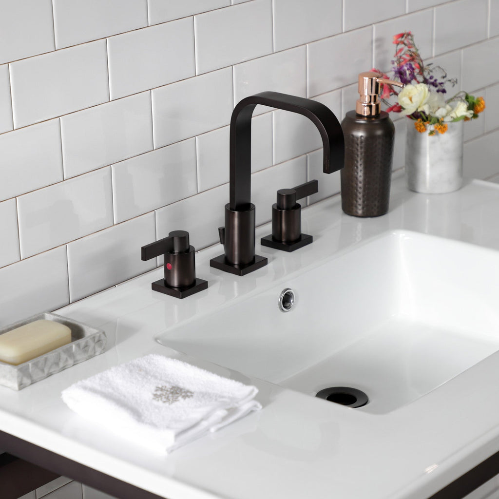 Quadras 37-Inch Ceramic Console Sink with Steel Base and Glass Shelf (8-Inch, 3-Hole)