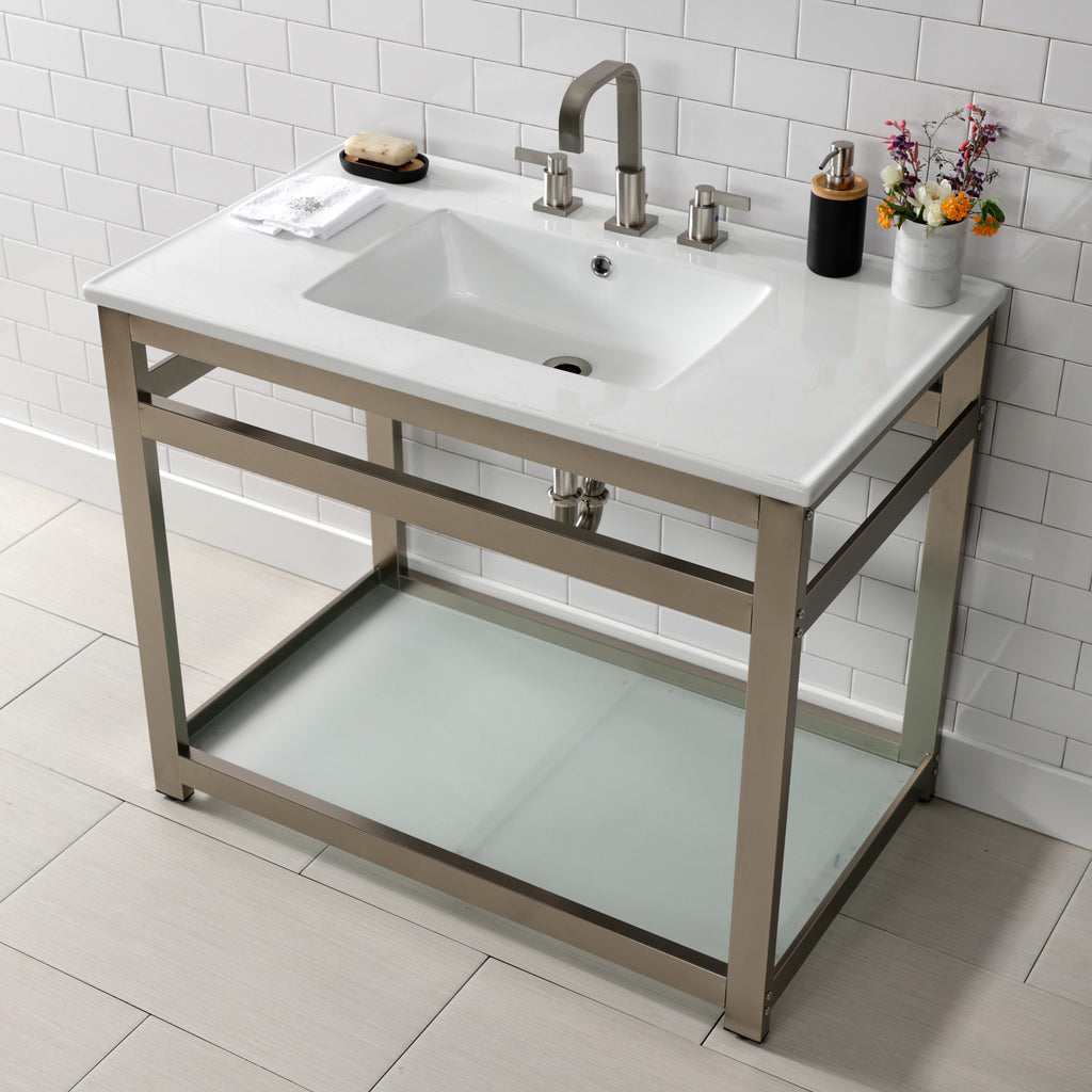 Quadras 37-Inch Ceramic Console Sink with Steel Base and Glass Shelf (8-Inch, 3-Hole)
