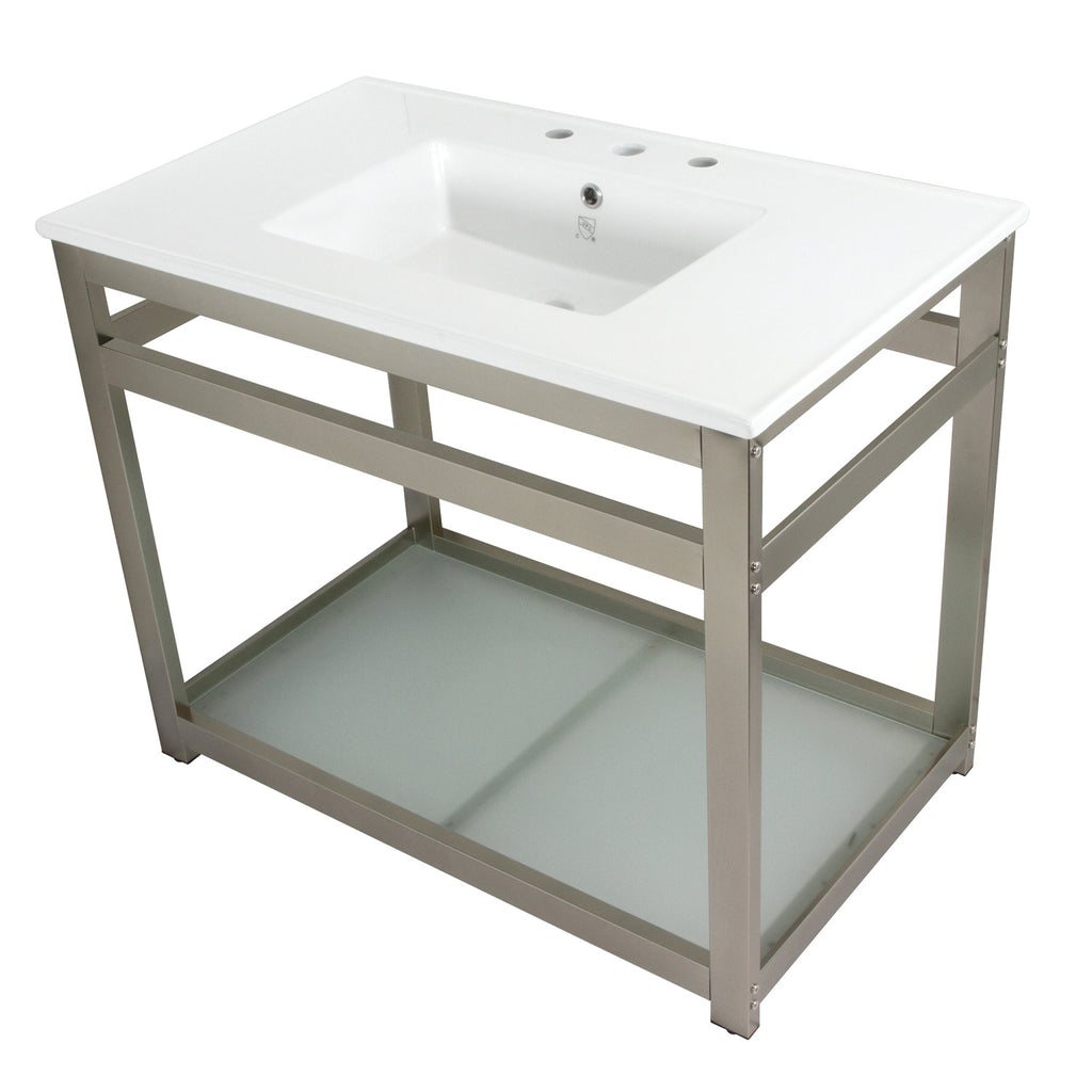 Quadras 37-Inch Ceramic Console Sink with Steel Base and Glass Shelf (8-Inch, 3-Hole)