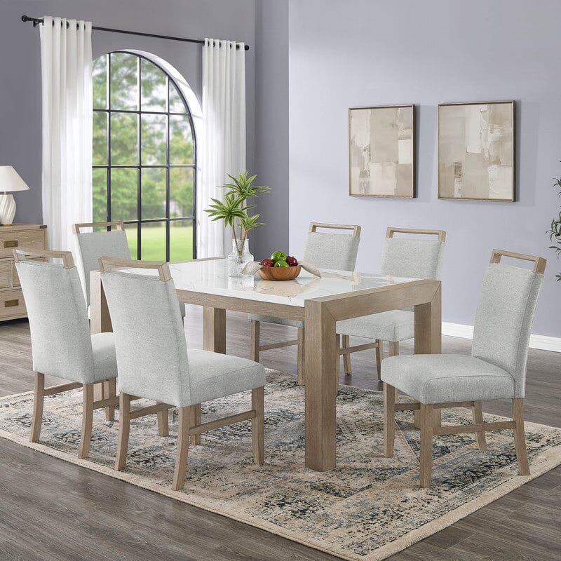 Tabitha 7Pc 66" Rectangular White Faux Marble Top Dining Set in Light Oak Finish