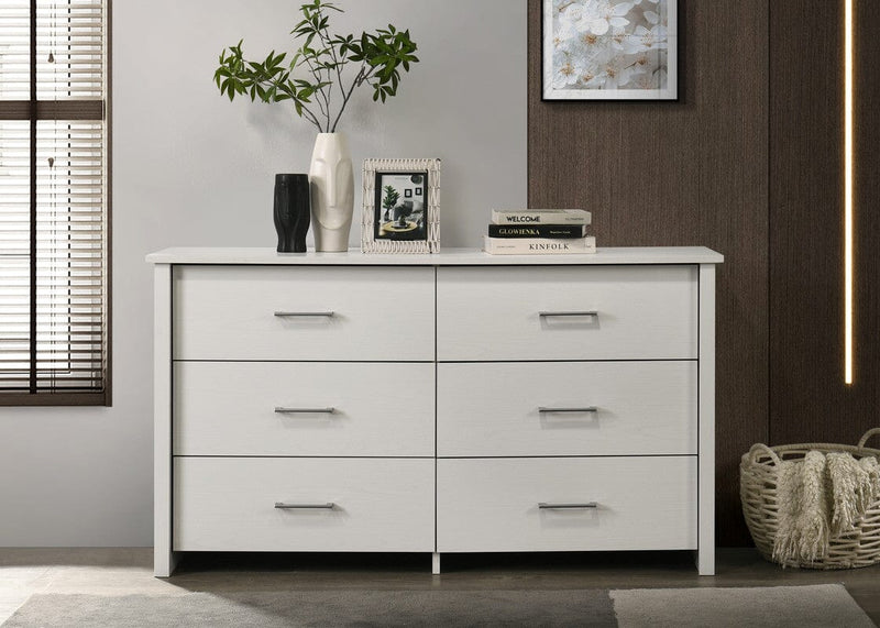 Celeste 57"W White 6-Drawer Dresser with Silver Handles