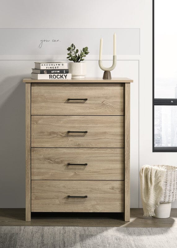 Celeste 32"W Light Oak Finish 4-Drawer Chest with Black Handles