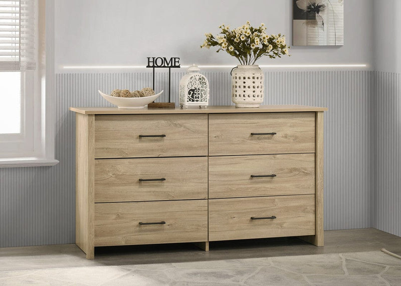 Celeste 57"W Light Oak Finish 6-Drawer Dresser with Black Handles