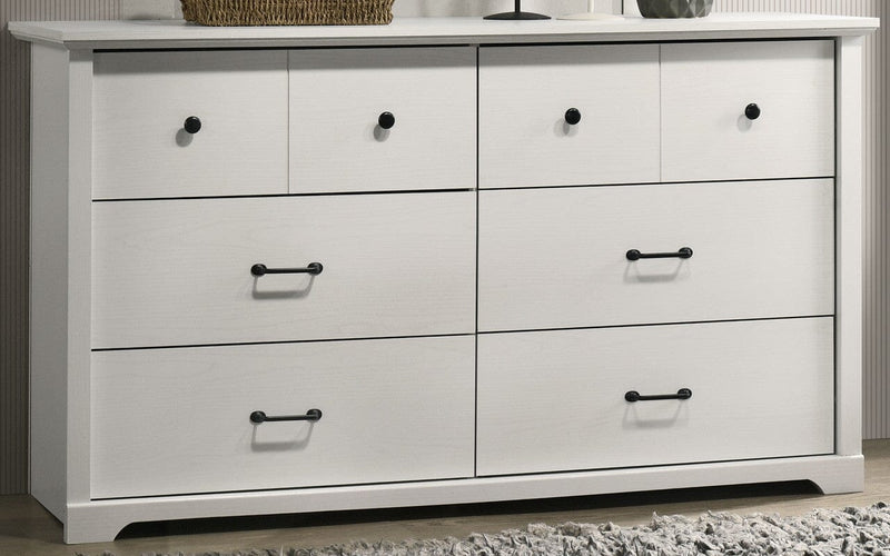 Elara 57"W White 6-Drawer Dresser with Black Handles