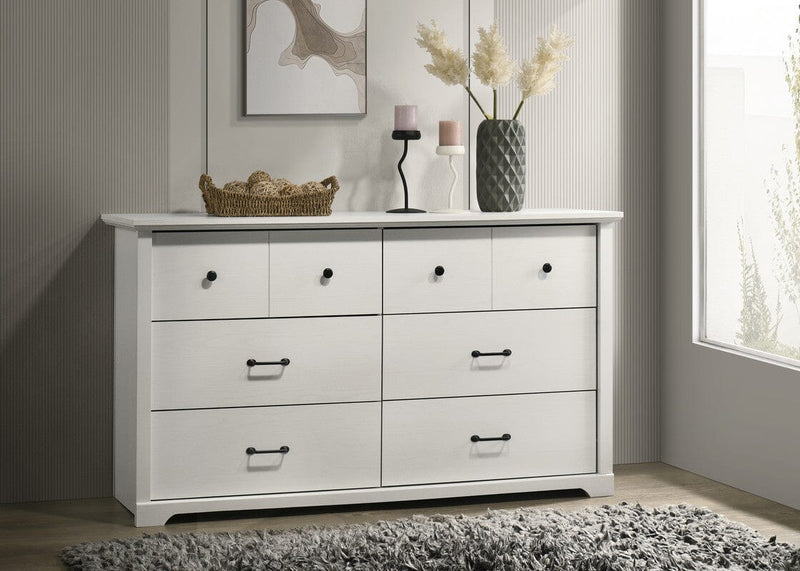 Elara 57"W White 6-Drawer Dresser with Black Handles