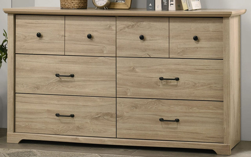 Elara 57"W Light Oak Finish 6-Drawer Dresser with Black Handles