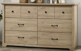 Elara 57"W Light Oak Finish 6-Drawer Dresser with Black Handles