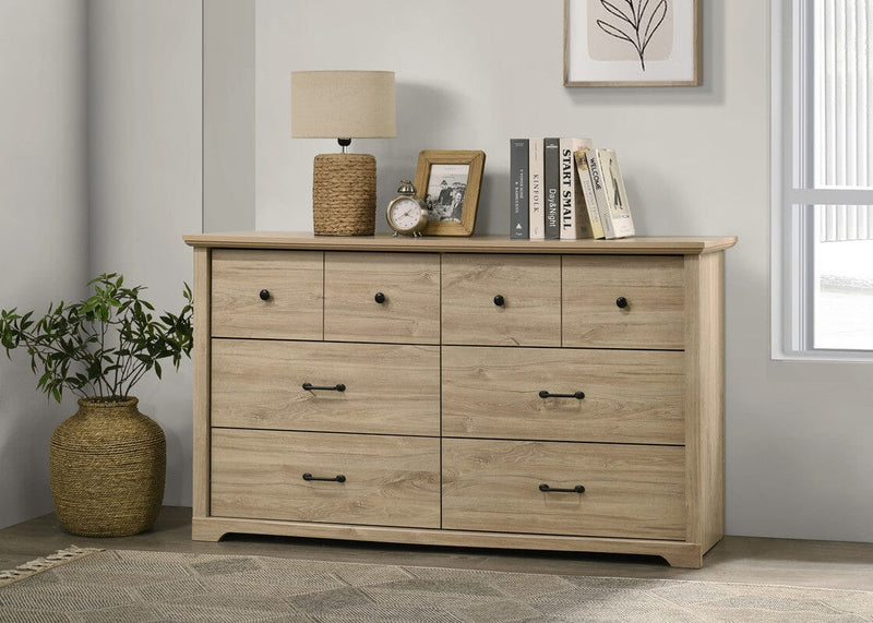 Elara 57"W Light Oak Finish 6-Drawer Dresser with Black Handles
