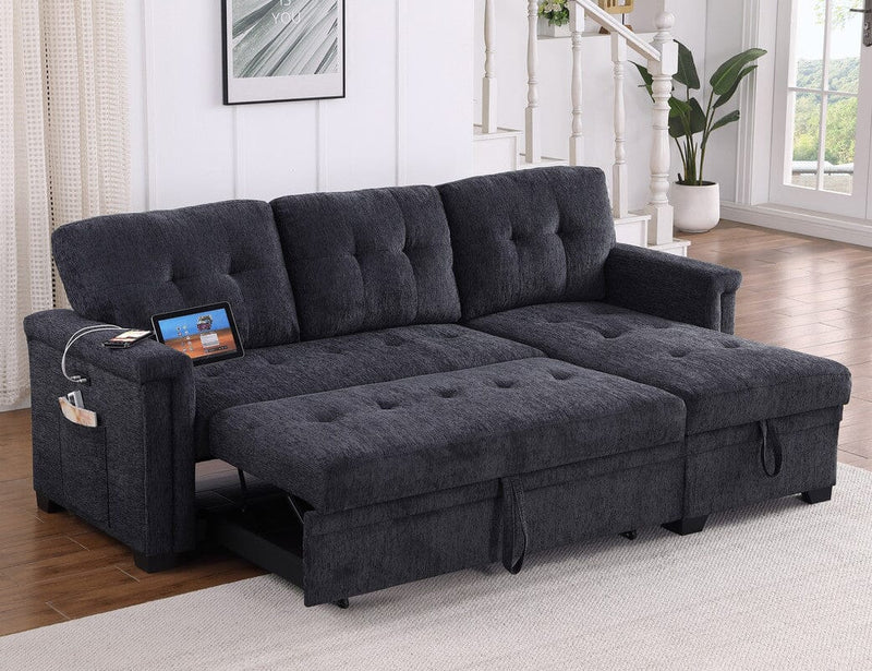 Ashlyn 83.5"W Dark Gray Chenille Reversible Sleeper Sectional Sofa with Storage Chaise, Charging Ports, Side Pockets