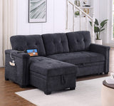 Ashlyn 83.5"W Dark Gray Chenille Reversible Sleeper Sectional Sofa with Storage Chaise, Charging Ports, Side Pockets