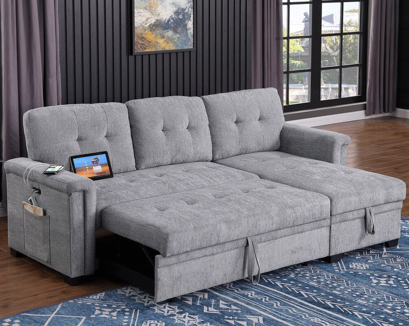 Ashlyn 83.5"W Light Gray Chenille Reversible Sleeper Sectional Sofa with Storage Chaise, Charging Ports, Side Pockets