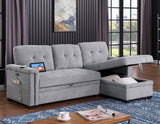 Ashlyn 83.5"W Light Gray Chenille Reversible Sleeper Sectional Sofa with Storage Chaise, Charging Ports, Side Pockets