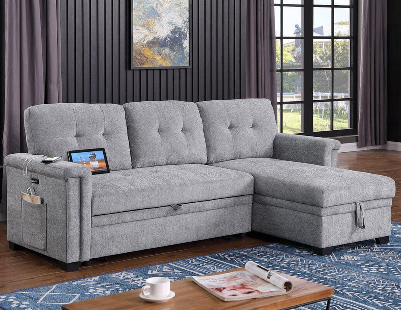 Ashlyn 83.5"W Light Gray Chenille Reversible Sleeper Sectional Sofa with Storage Chaise, Charging Ports, Side Pockets