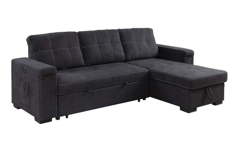 Toby 95"W Black Woven Fabric Reversible Sleeper Sectional Sofa with Storage Chaise Cup Holder Charging Ports and Pockets
