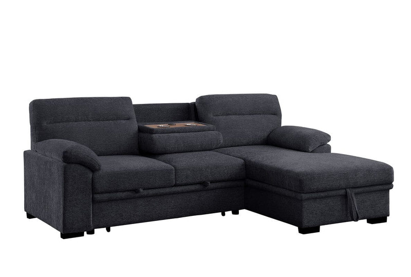 Kipling II 94"W Dark Gray Chenille Fabric Sleeper Sectional Sofa with Right-Facing Chaise, Cupholders, USB Charging port