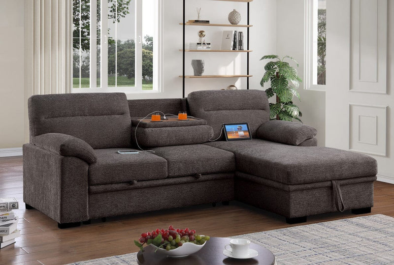 Kipling II 94"W Brown Chenille Fabric Sleeper Sectional Sofa with Right-Facing Chaise, Cupholders, USB Charging port