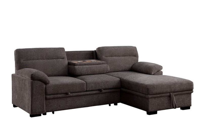 Kipling II 94"W Brown Chenille Fabric Sleeper Sectional Sofa with Right-Facing Chaise, Cupholders, USB Charging port