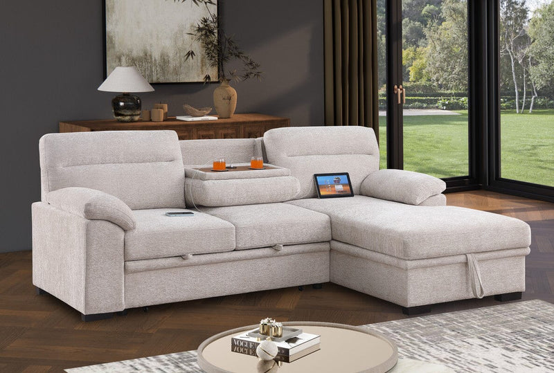Kipling II 94"W Beige Chenille Fabric Sleeper Sectional Sofa with Right-Facing Chaise, Cupholders, USB Charging port