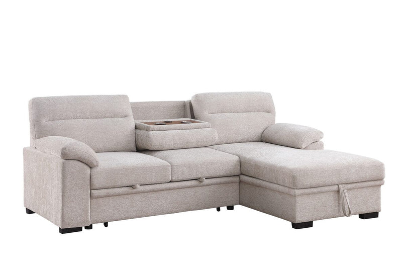 Kipling II 94"W Beige Chenille Fabric Sleeper Sectional Sofa with Right-Facing Chaise, Cupholders, USB Charging port