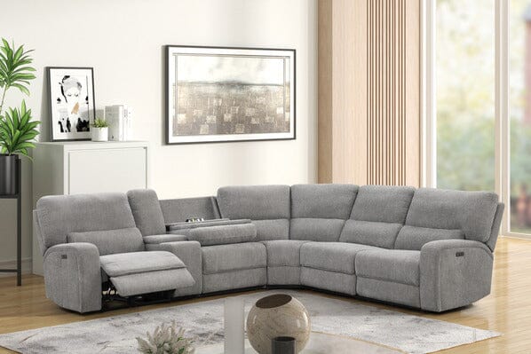 Anthony 114" Wide Light Gray Chenille Fabric Power Reclining Sectional with Power Headrest, Charging Ports, Storage, and Cupholders