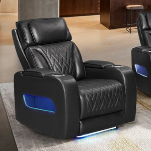 Jazz 37"W Black Leather Aire Transformer Power Reclining Chair with Power Headrest, LED Lights, USB & USB-C Ports, Storage & Cupholders