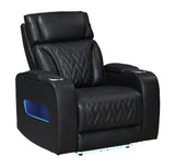 Jazz Black Leather Aire Transformer Power Reclining Sofa, Loveseat & Chair Living Room Set with Power Headrest, Bluetooth Speakers, LED Lights, Wireless Charging Drop-Down Table, USB & USB-C Ports, Storage & Cupholders