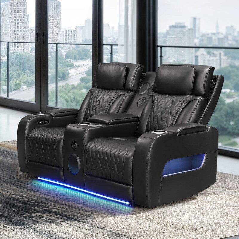 Jazz 74"W Black Leather Aire Transformer Power Reclining Loveseat with Power Headrest, Bluetooth Speakers, LED Lights, USB & USB-C Ports, Storage & Cupholders