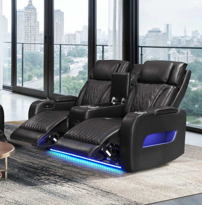 Jazz 74"W Black Leather Aire Transformer Power Reclining Loveseat with Power Headrest, Bluetooth Speakers, LED Lights, USB & USB-C Ports, Storage & Cupholders