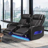 Jazz 74"W Black Leather Aire Transformer Power Reclining Loveseat with Power Headrest, Bluetooth Speakers, LED Lights, USB & USB-C Ports, Storage & Cupholders