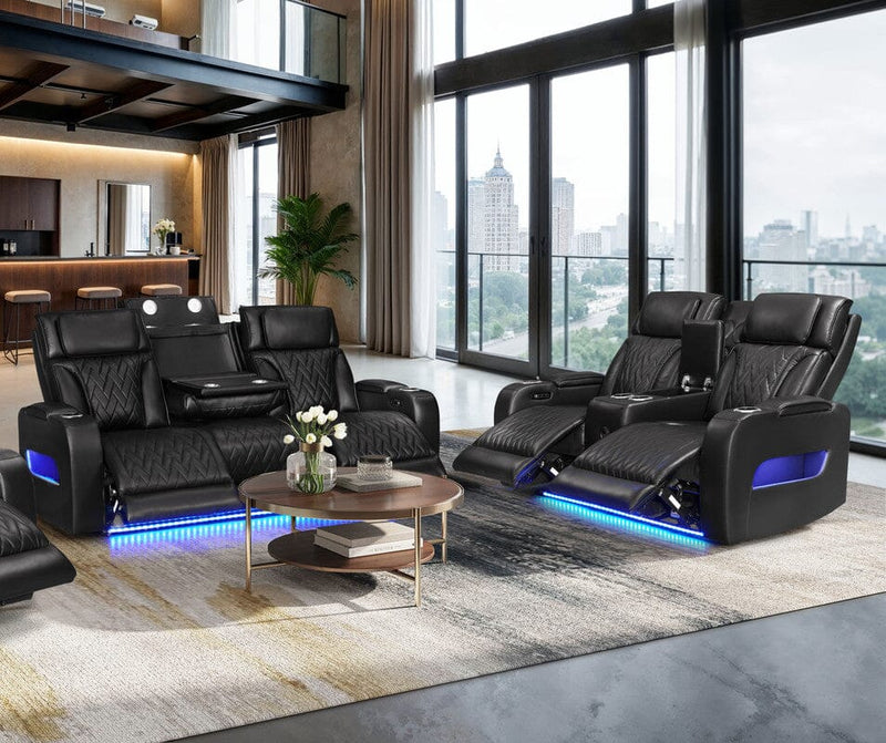 Jazz Black Leather Aire Transformer Power Reclining Sofa & Loveseat Living Room Set with Power Headrest, Bluetooth Speakers, LED Lights, Wireless Charging Drop-Down Table, USB & USB-C Ports, Storage & Cupholders