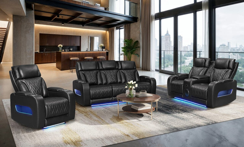 Jazz Black Leather Aire Transformer Power Reclining Sofa, Loveseat & Chair Living Room Set with Power Headrest, Bluetooth Speakers, LED Lights, Wireless Charging Drop-Down Table, USB & USB-C Ports, Storage & Cupholders