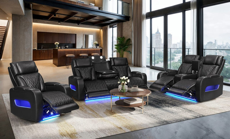 Jazz Black Leather Aire Transformer Power Reclining Sofa, Loveseat & Chair Living Room Set with Power Headrest, Bluetooth Speakers, LED Lights, Wireless Charging Drop-Down Table, USB & USB-C Ports, Storage & Cupholders