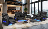 Jazz Black Leather Aire Transformer Power Reclining Sofa, Loveseat & Chair Living Room Set with Power Headrest, Bluetooth Speakers, LED Lights, Wireless Charging Drop-Down Table, USB & USB-C Ports, Storage & Cupholders