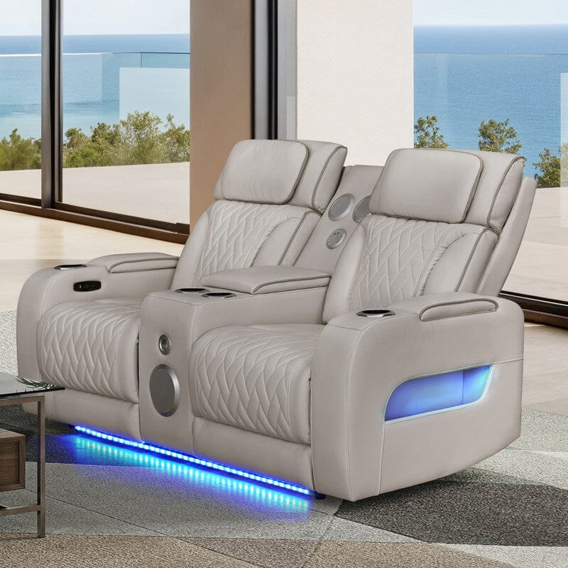 Jazz 74"W Ice Leather Aire Transformer Power Reclining Loveseat with Power Headrest, Bluetooth Speakers, LED Lights, USB & USB-C Ports, Storage & Cupholders