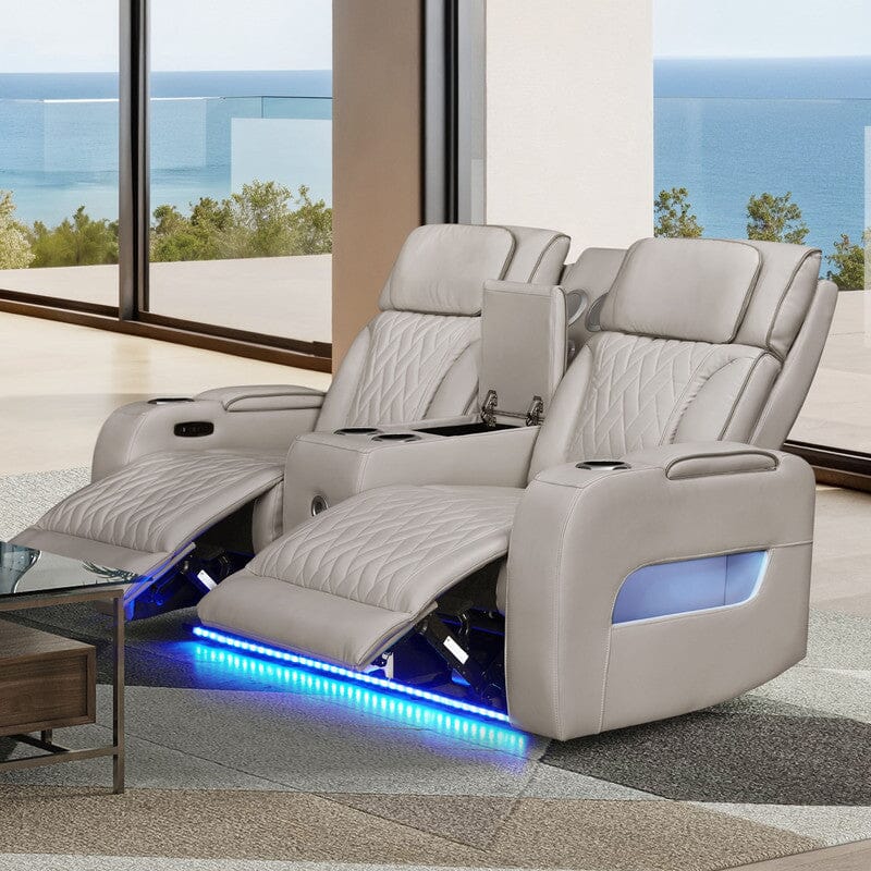 Jazz 74"W Ice Leather Aire Transformer Power Reclining Loveseat with Power Headrest, Bluetooth Speakers, LED Lights, USB & USB-C Ports, Storage & Cupholders