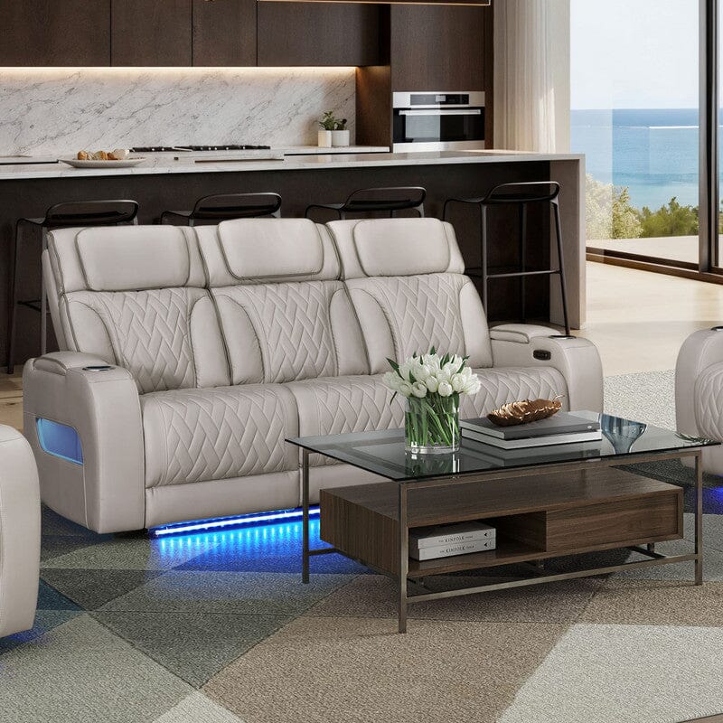 Jazz 84"W Ice Leather Aire Transformer Power Reclining Sofa with Power Headrest, LED Lights, Wireless Charging Drop-Down Table, USB & USB-C Ports, Storage & Cupholders