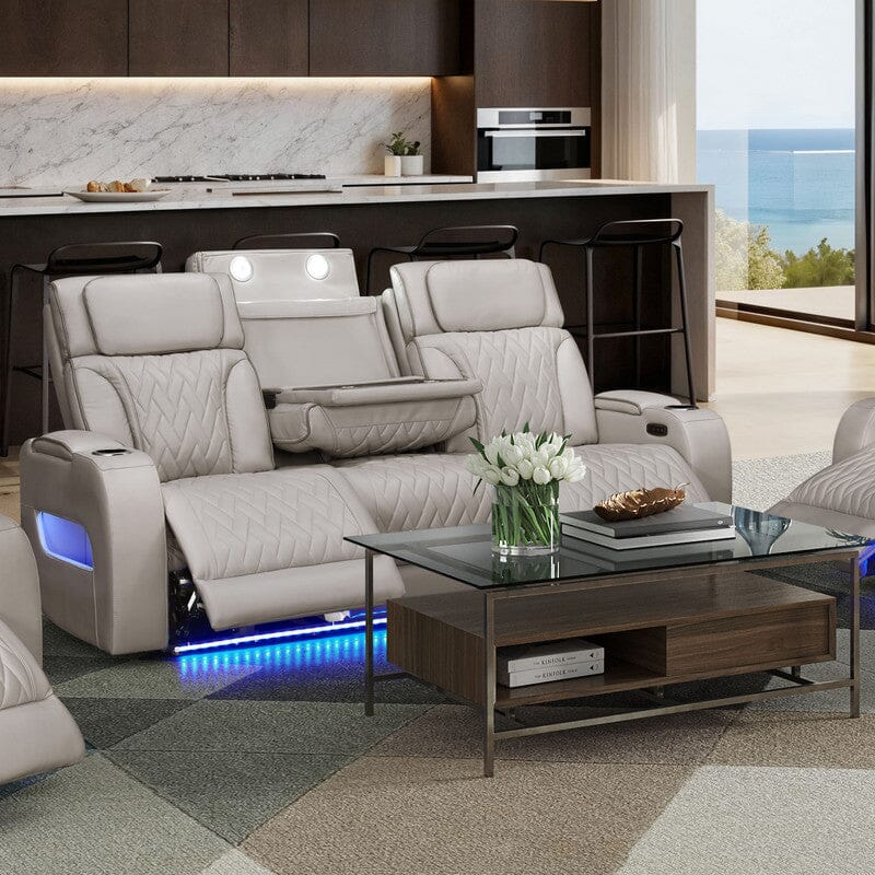 Jazz 84"W Ice Leather Aire Transformer Power Reclining Sofa with Power Headrest, LED Lights, Wireless Charging Drop-Down Table, USB & USB-C Ports, Storage & Cupholders