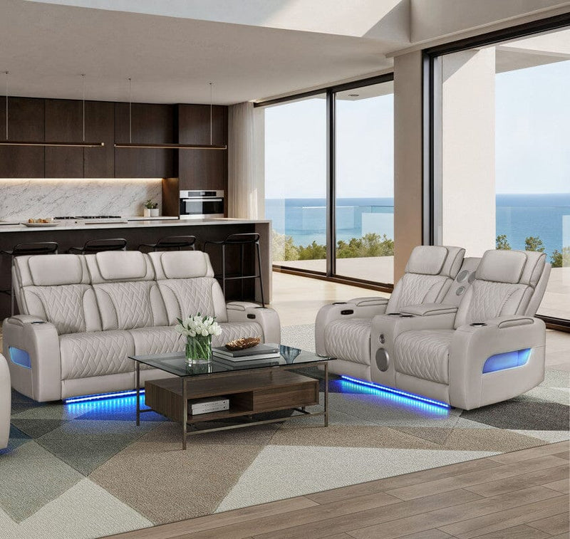 Jazz Ice Leather Aire Transformer Power Reclining Sofa & Loveseat Living Room Set with Power Headrest, Bluetooth Speakers, LED Lights, Wireless Charging Drop-Down Table, USB & USB-C Ports, Storage & Cupholders