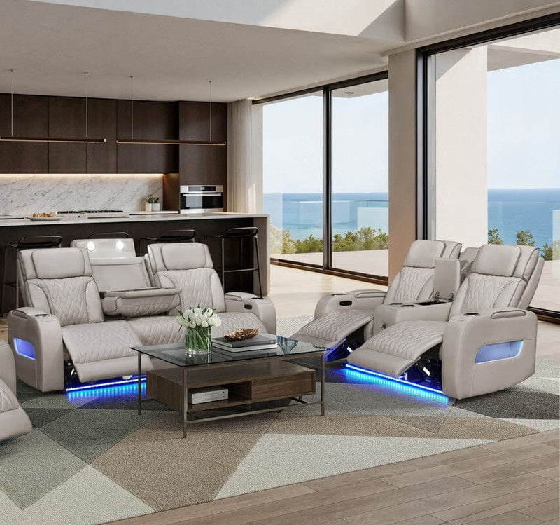 Jazz Ice Leather Aire Transformer Power Reclining Sofa & Loveseat Living Room Set with Power Headrest, Bluetooth Speakers, LED Lights, Wireless Charging Drop-Down Table, USB & USB-C Ports, Storage & Cupholders