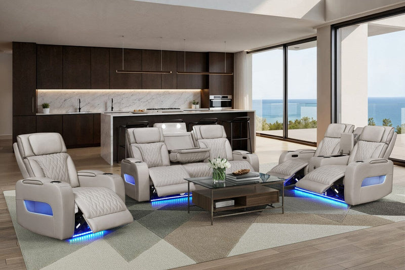 Jazz Ice Leather Aire Transformer Power Reclining Sofa, Loveseat & Chair Living Room Set with Power Headrest, Bluetooth Speakers, LED Lights, Wireless Charging Drop-Down Table, USB & USB-C Ports, Storage & Cupholders
