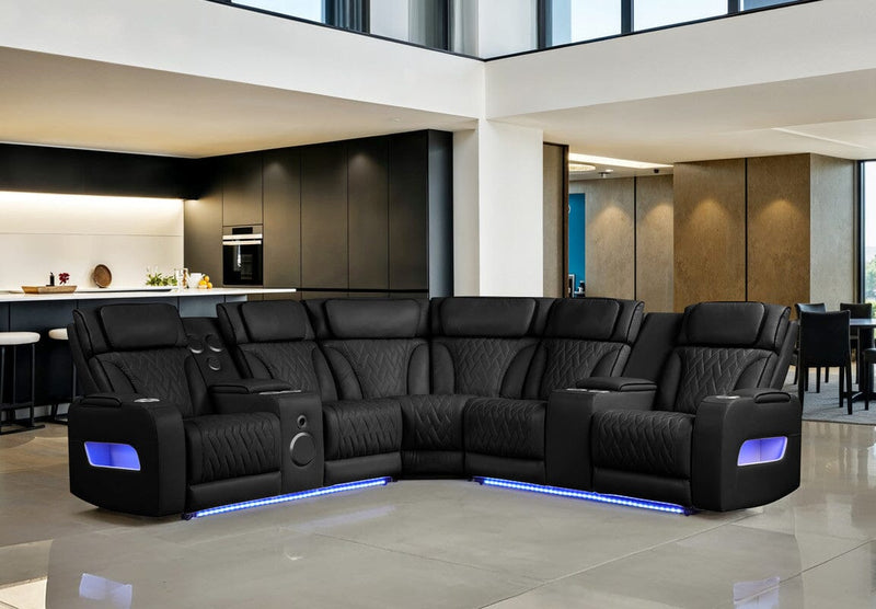 Jazz 117"W Black Leather Aire Transformer Power Reclining Sectional Sofa with Power Headrest, Bluetooth Speakers, LED Lights, USB & USB-C Ports, Storage & Cupholders