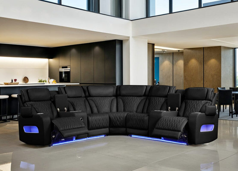 Jazz 117"W Black Leather Aire Transformer Power Reclining Sectional Sofa with Power Headrest, Bluetooth Speakers, LED Lights, USB & USB-C Ports, Storage & Cupholders