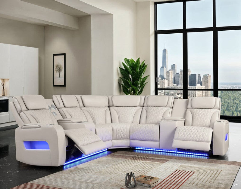 Jazz 117"W Ice Leather Aire Transformer Power Reclining Sectional Sofa with Power Headrest, Bluetooth Speakers, LED Lights, USB & USB-C Ports, Storage & Cupholders