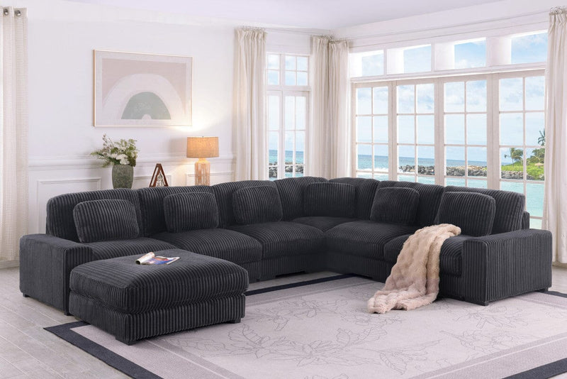 Sloane 151"W Charcoal Corduroy Fabric Reversible L-Shape Modular Sectional Sofa with Ottoman