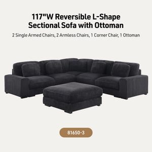 Sloane 117"W Charcoal Corduroy Fabric Reversible L-Shape Modular Sectional Sofa with Ottoman