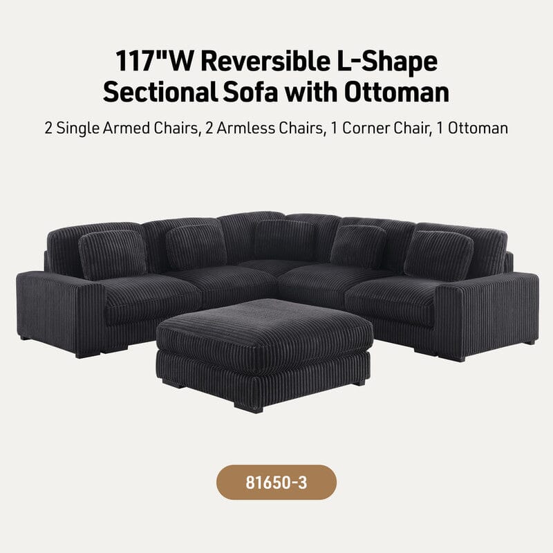 Sloane 117"W Charcoal Corduroy Fabric Reversible L-Shape Modular Sectional Sofa with Ottoman