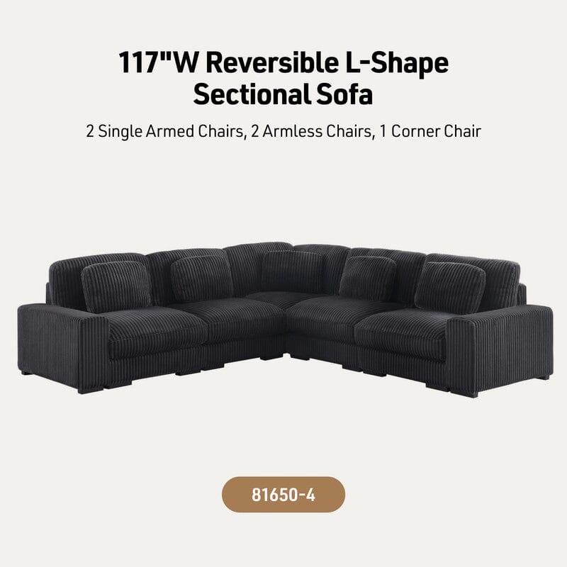 Sloane 117"W Charcoal Corduroy Fabric Reversible L-Shape Modular Sectional Sofa