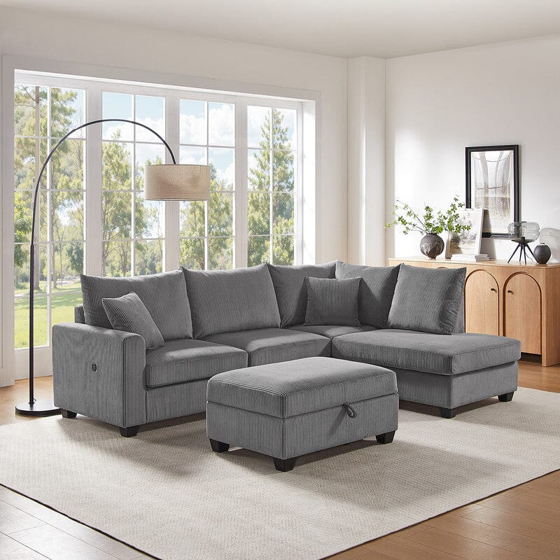 Rowan 107"W Dark Gray Corduroy Fabric Sectional Sofa with Right Facing Chaise, USB & USB-C Charging Port, Storage Ottoman, and Pillows