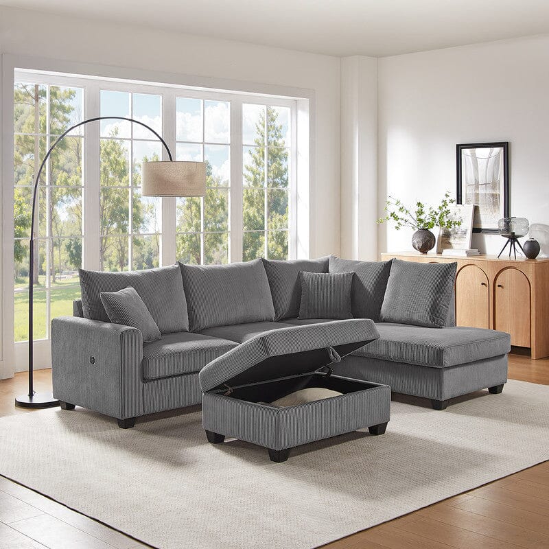 Rowan 107"W Dark Gray Corduroy Fabric Sectional Sofa with Right Facing Chaise, USB & USB-C Charging Port, Storage Ottoman, and Pillows